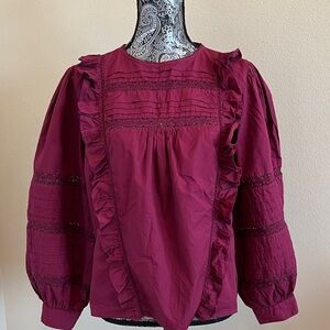 Oasis Pintuck Lace Trim Ruffle Cotton Mulberry Blouse size 8 US / 12 UK